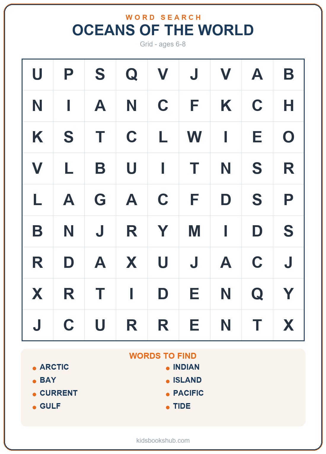 Printable oceans of the world word search for children