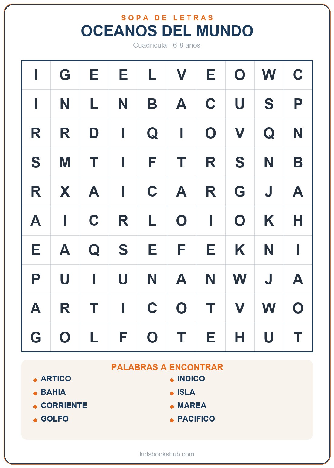 Sopa de letras de océanos del mundo para imprimir para niños