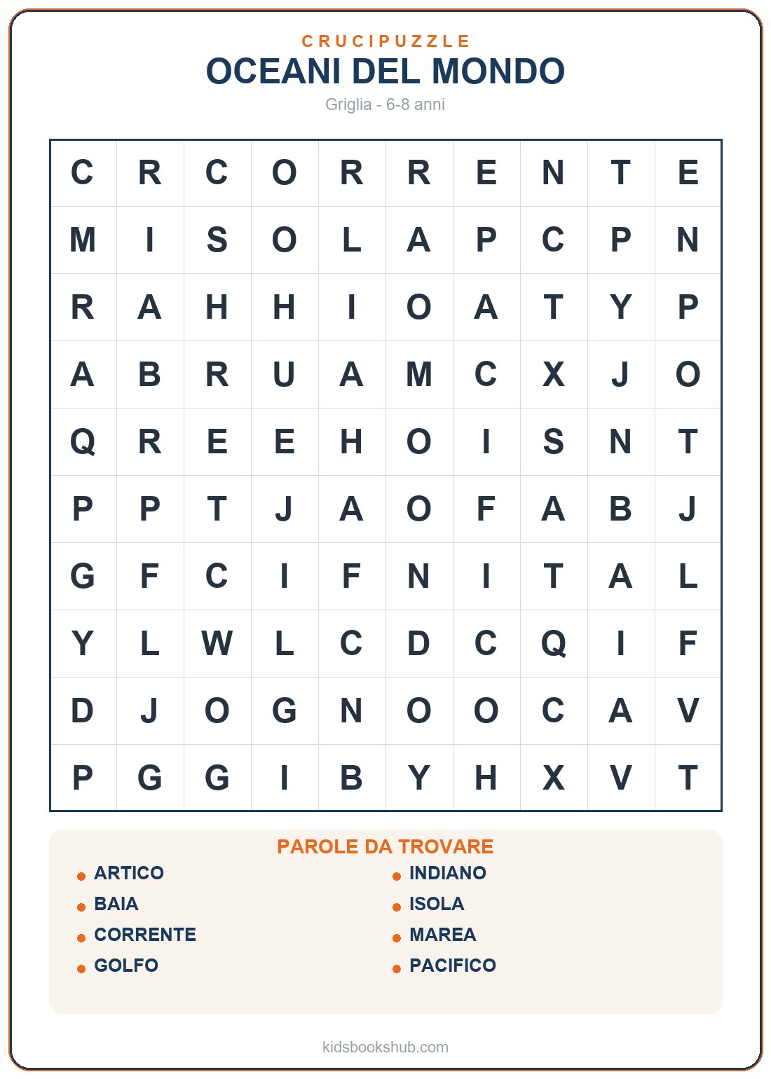 Crucipuzzle degli oceani del mondo da stampare per bambini