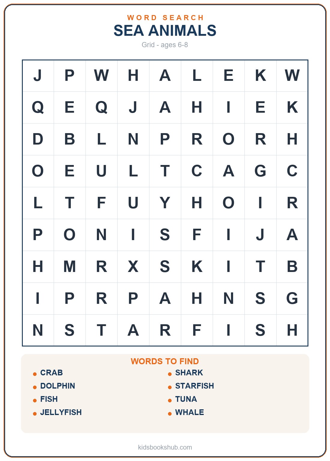 Printable sea animals word search grid