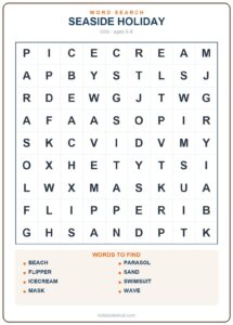 Printable beach word search grid
