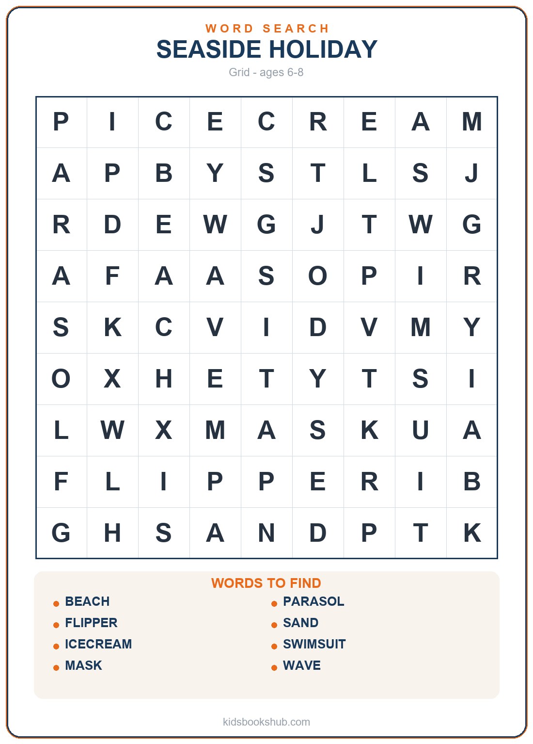 Printable beach word search grid