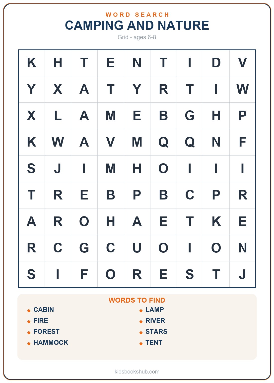 Printable camping and nature word search for children