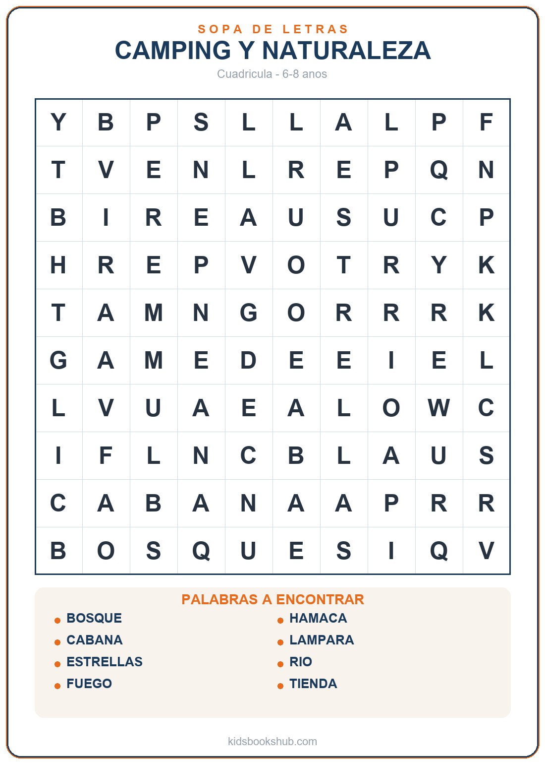 Sopa de letras de camping y naturaleza para imprimir para niños