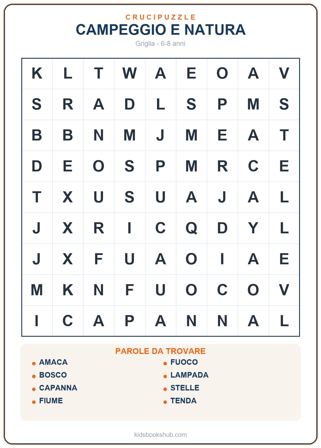 Crucipuzzle di campeggio e natura da stampare per bambini