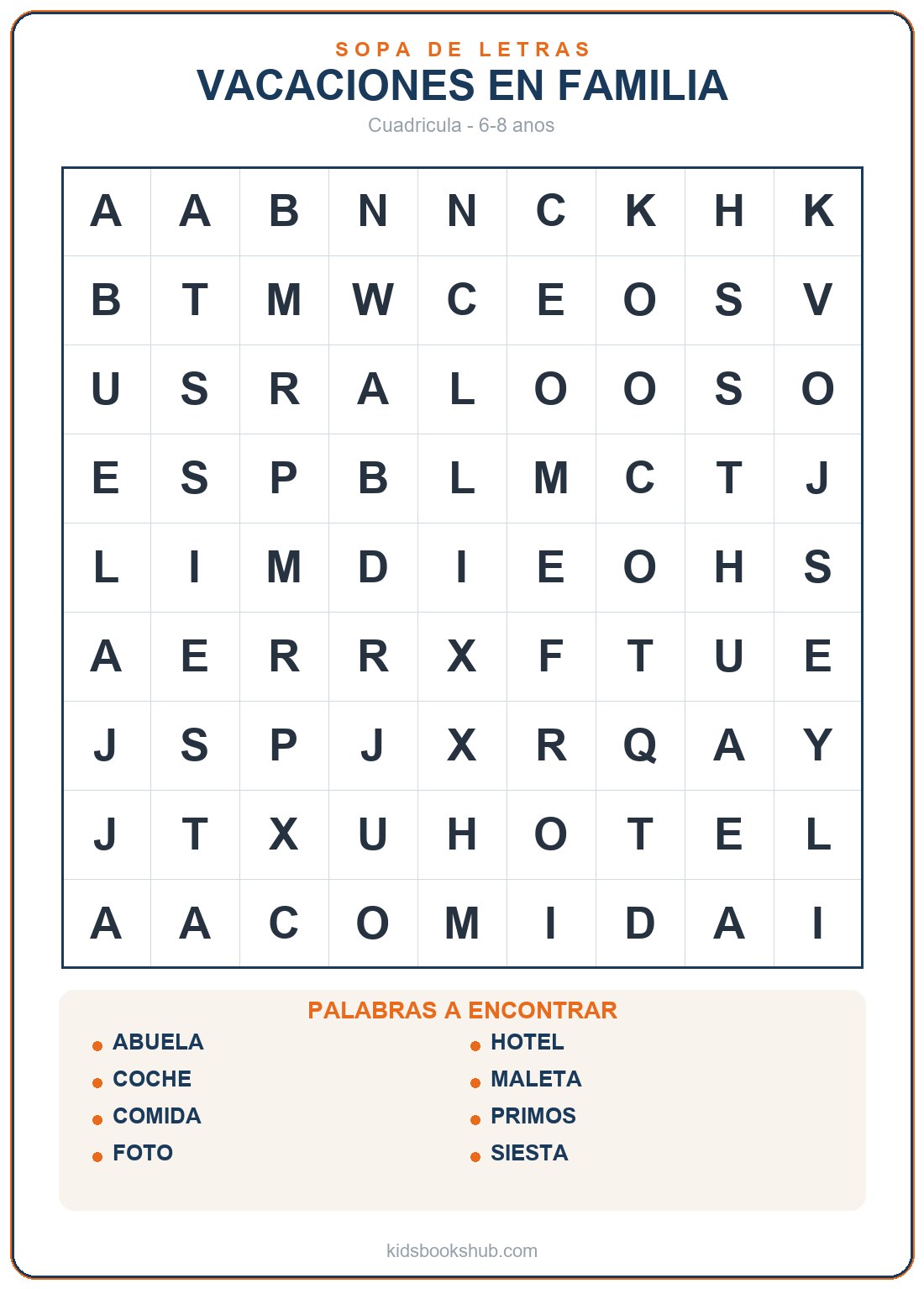 Sopa de letras de vacaciones en familia para imprimir para niños