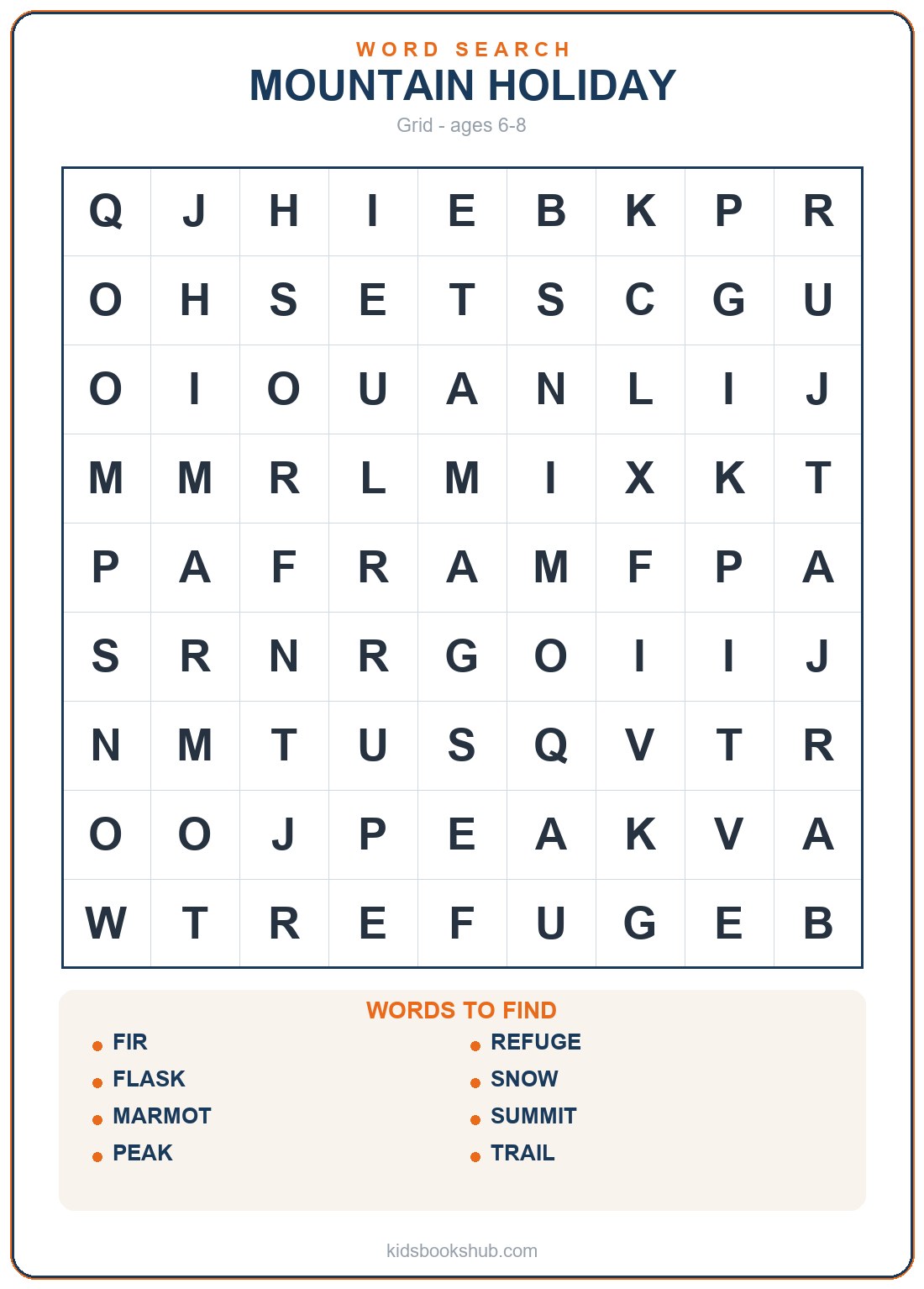 Printable mountain holiday word search for children