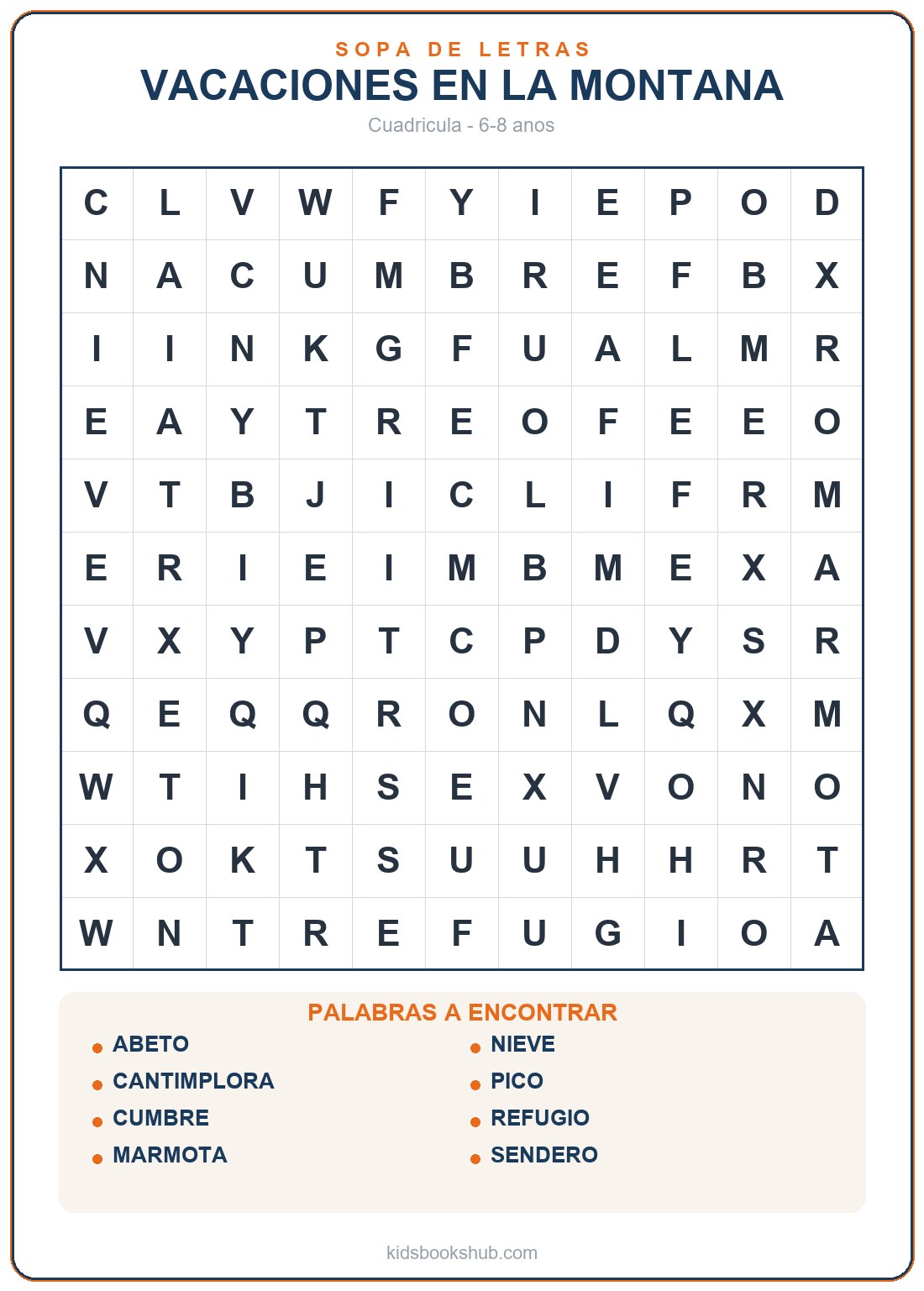 Sopa de letras de vacaciones en la montaña para imprimir para niños