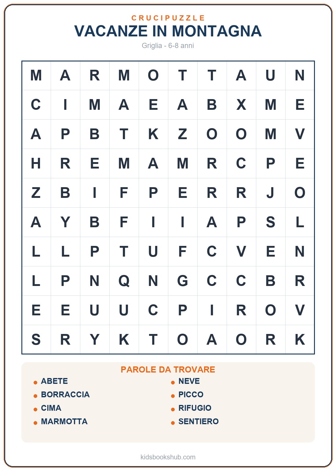 Crucipuzzle delle vacanze in montagna da stampare per bambini