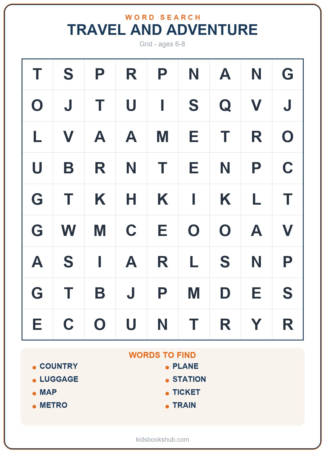 Printable travel and adventure word search for children