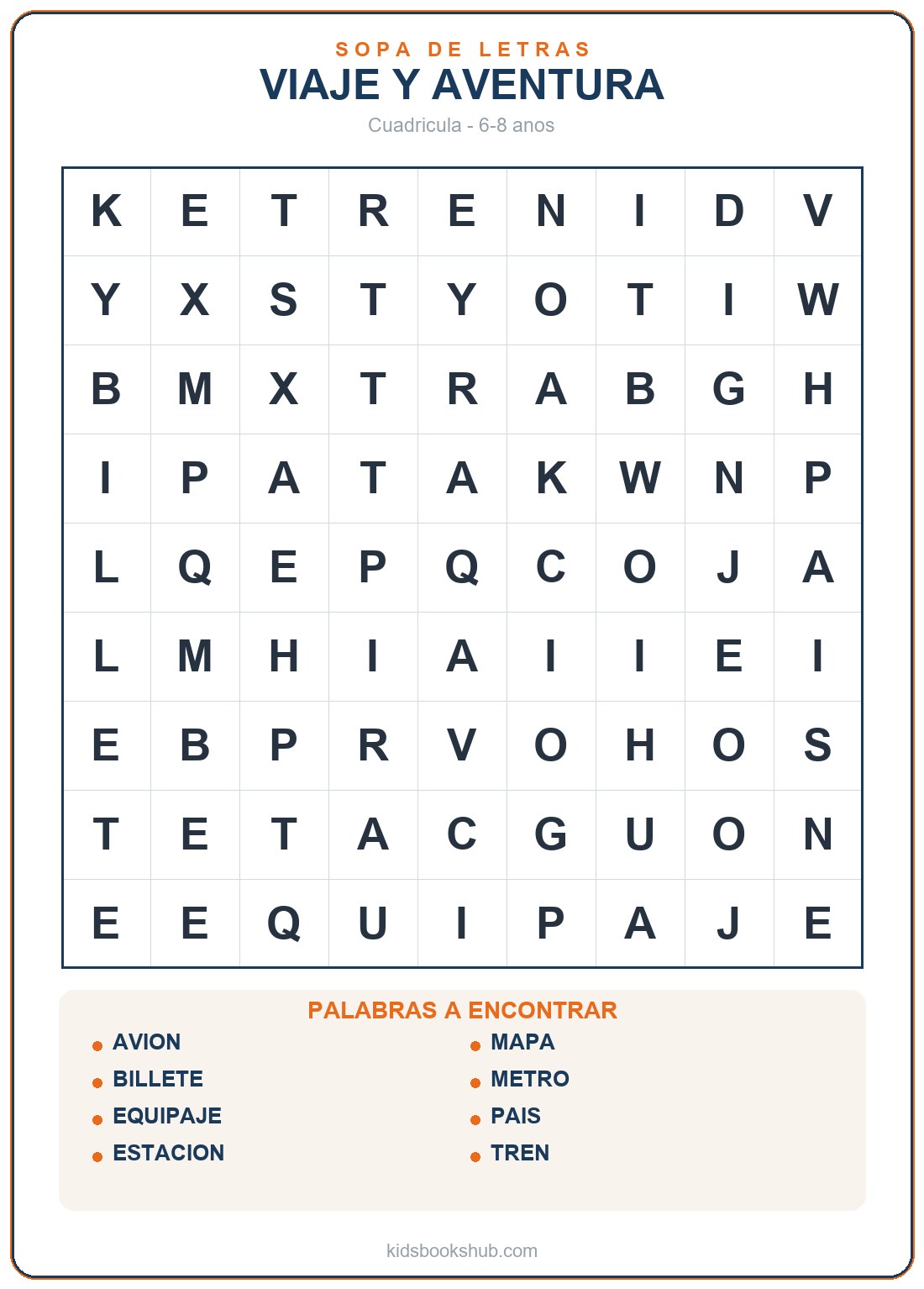 Sopa de letras de viaje y aventura para imprimir para niños
