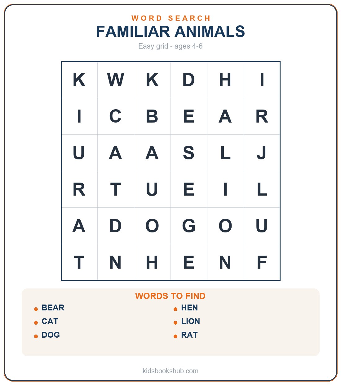 Printable animals word search grid