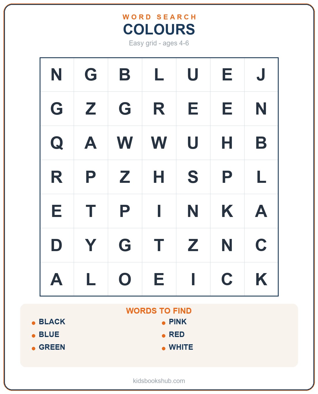 Printable easy colours word search for preschool