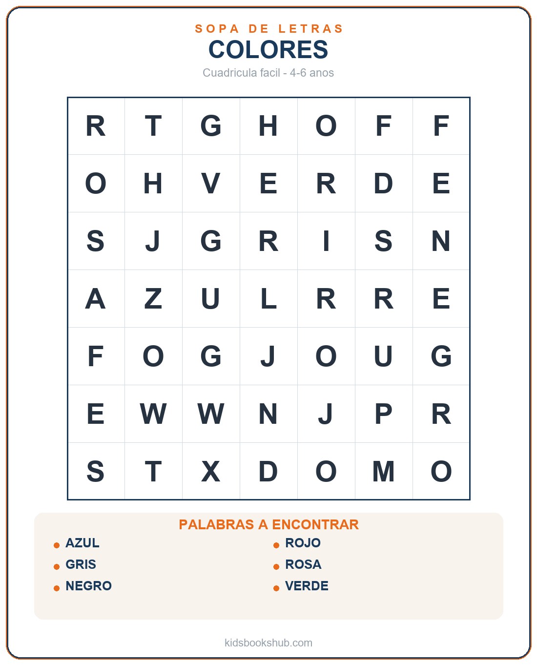Sopa de letras fácil de colores para infantil para imprimir