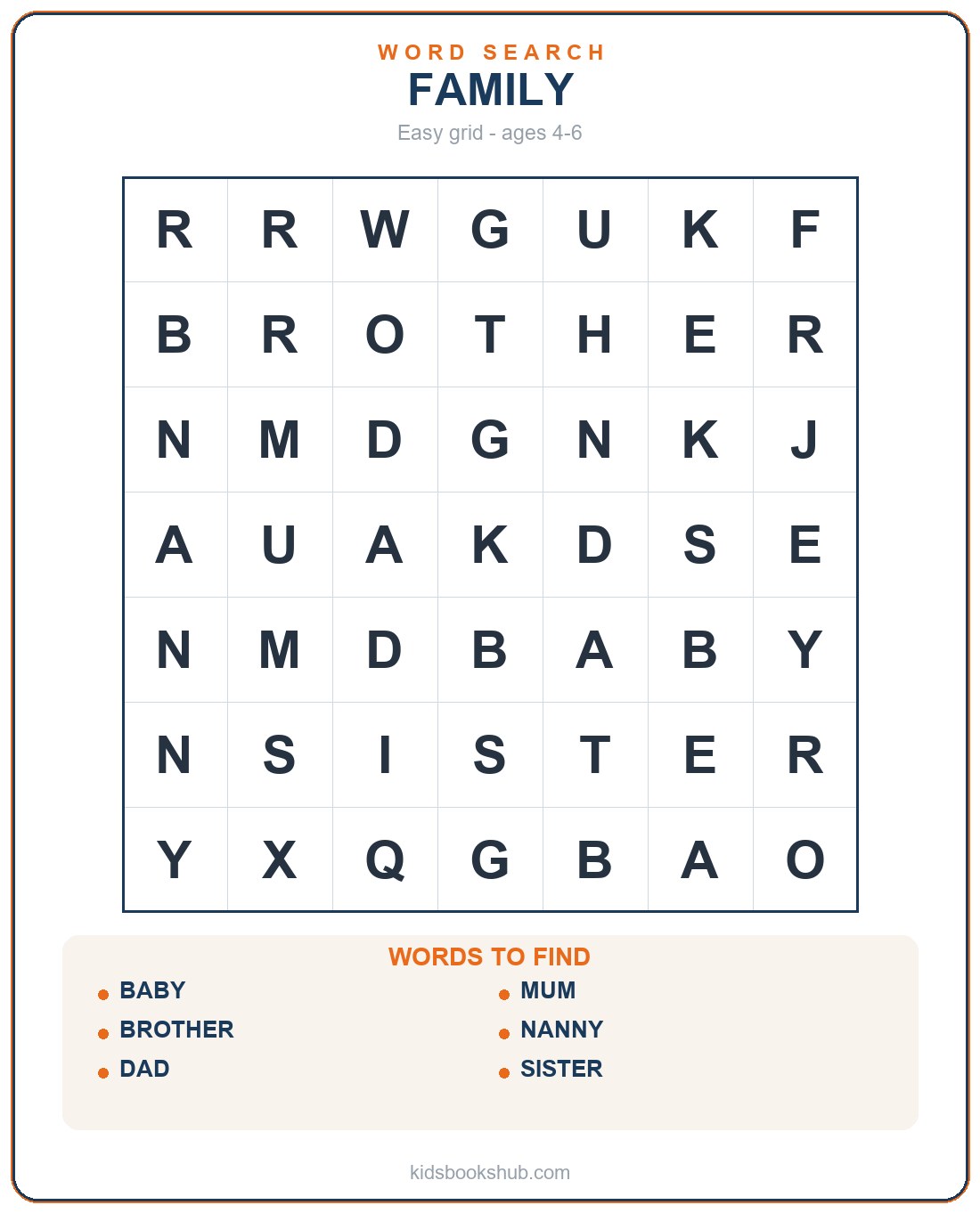 Printable easy family word search for preschool