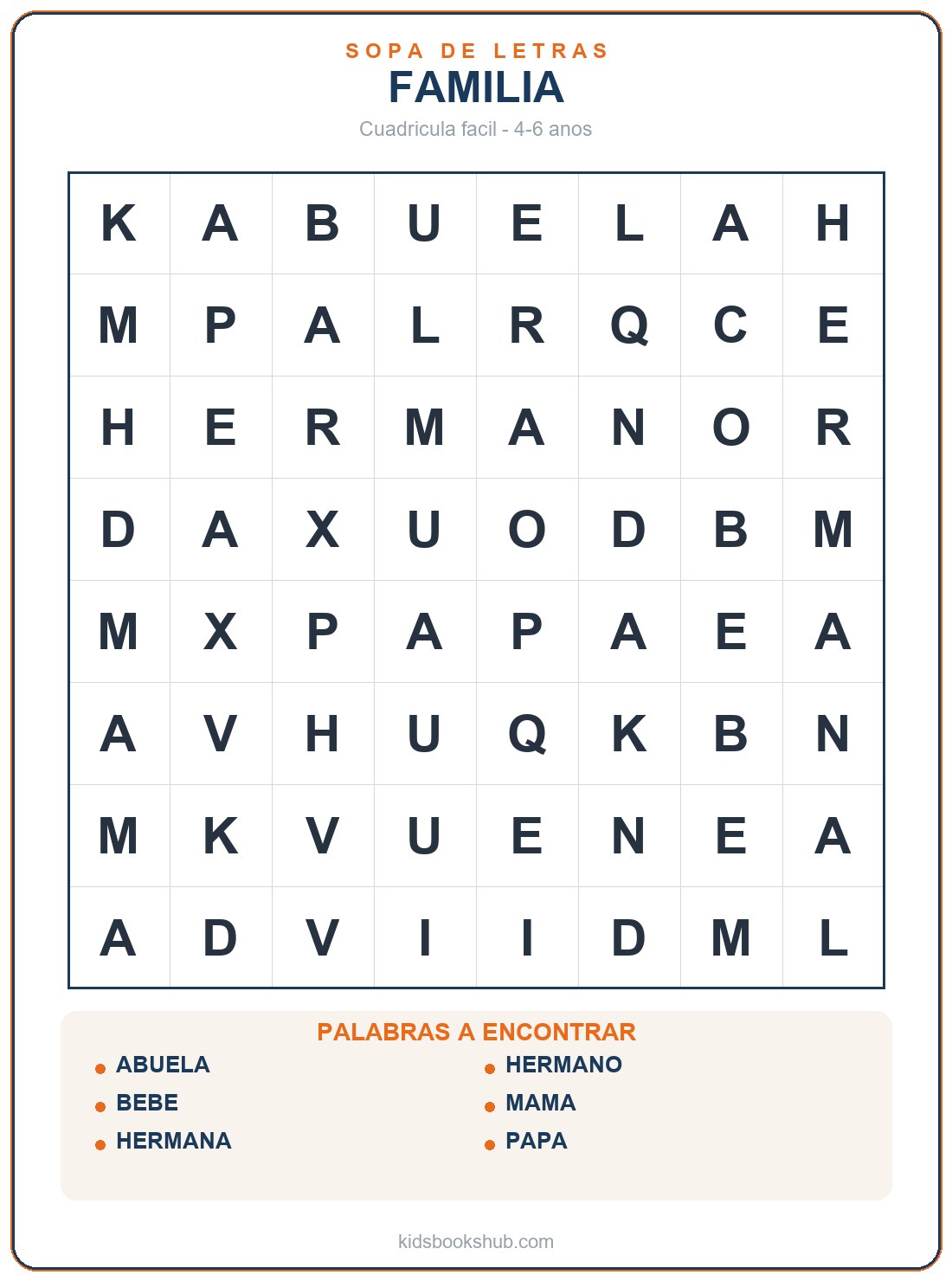 Sopa de letras fácil de familia para infantil para imprimir