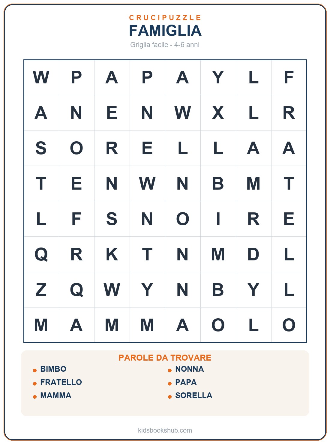 Crucipuzzle facile di famiglia per la scuola dell'infanzia da stampare