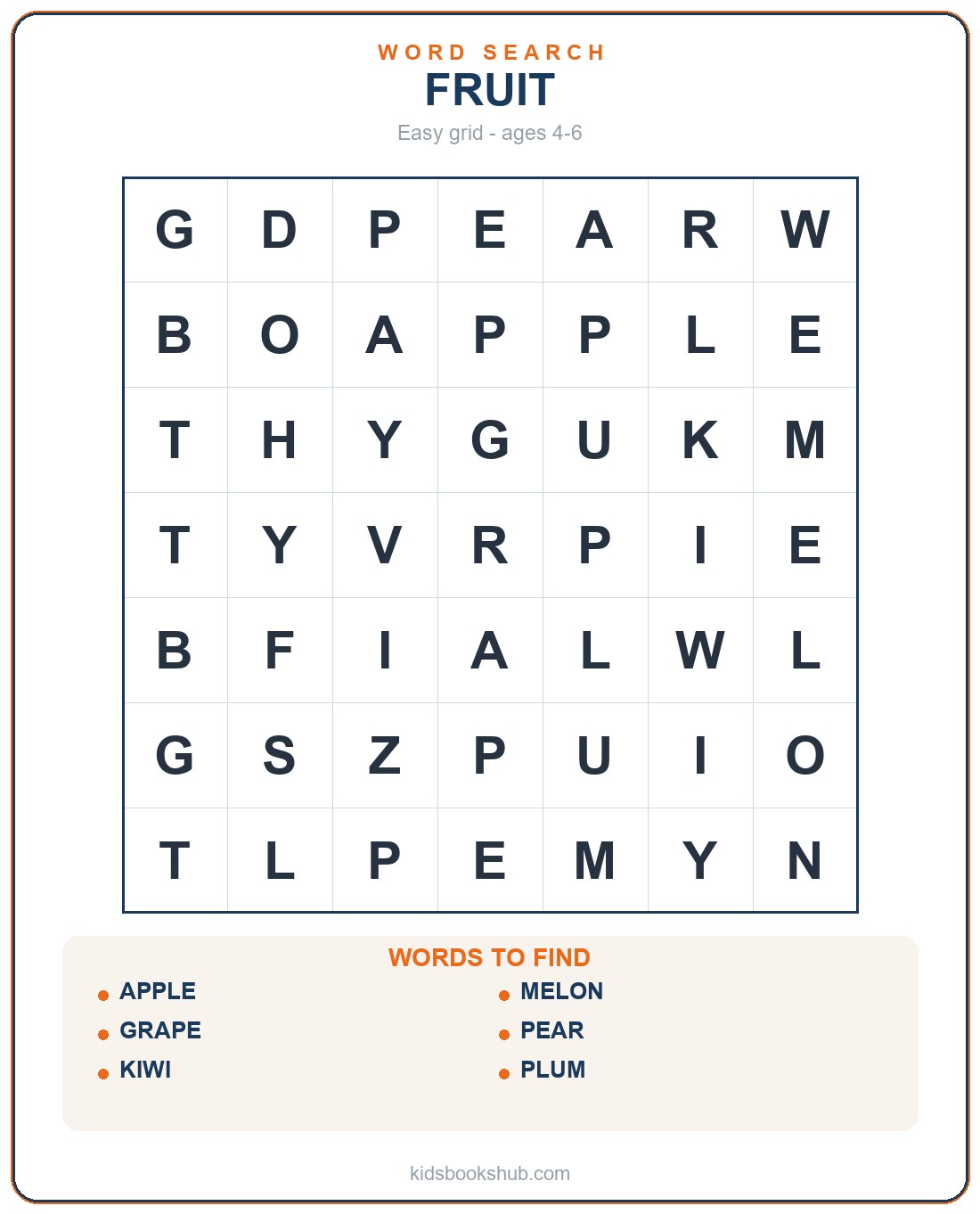 Printable easy fruit word search for preschool