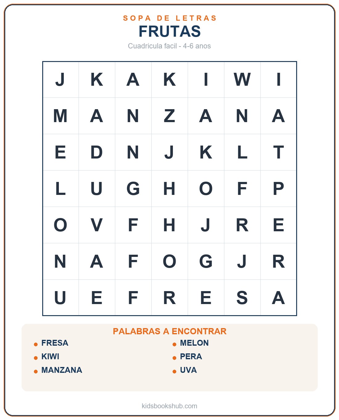 Sopa de letras fácil de frutas para infantil para imprimir