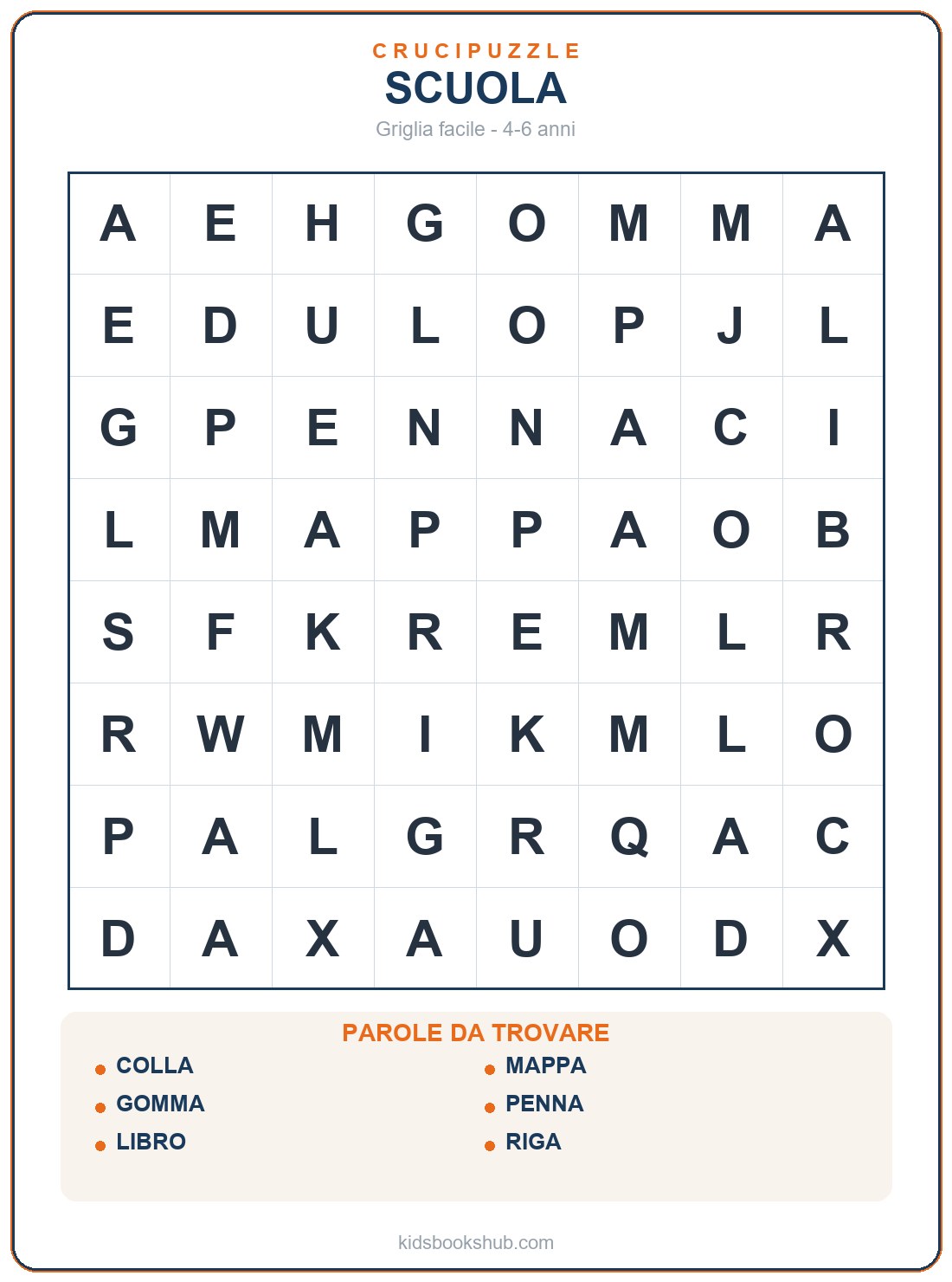 Crucipuzzle facile di scuola per la scuola dell'infanzia da stampare