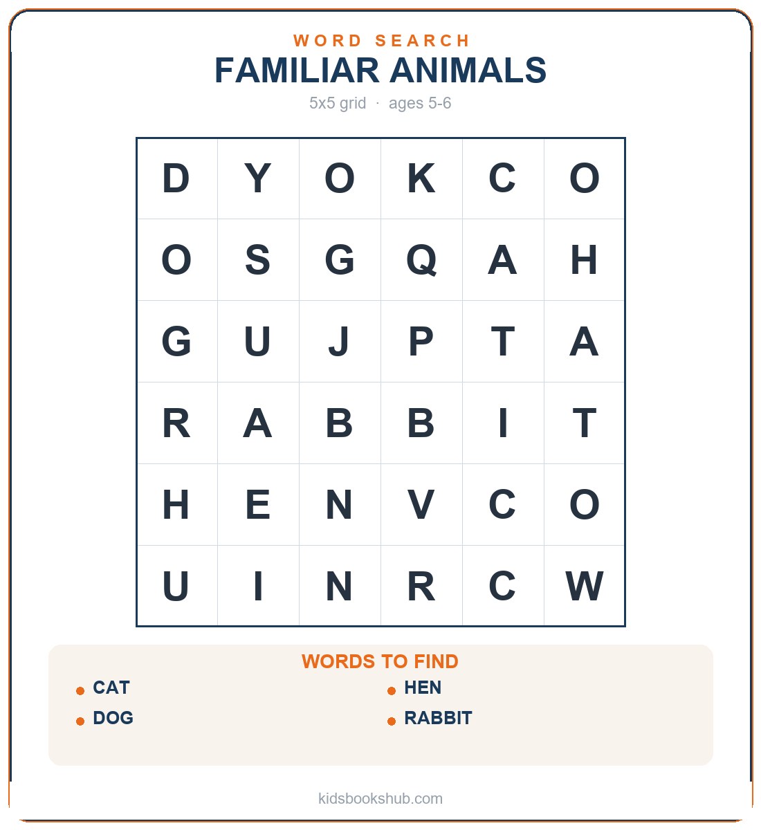 Printable familiar animals word search grid