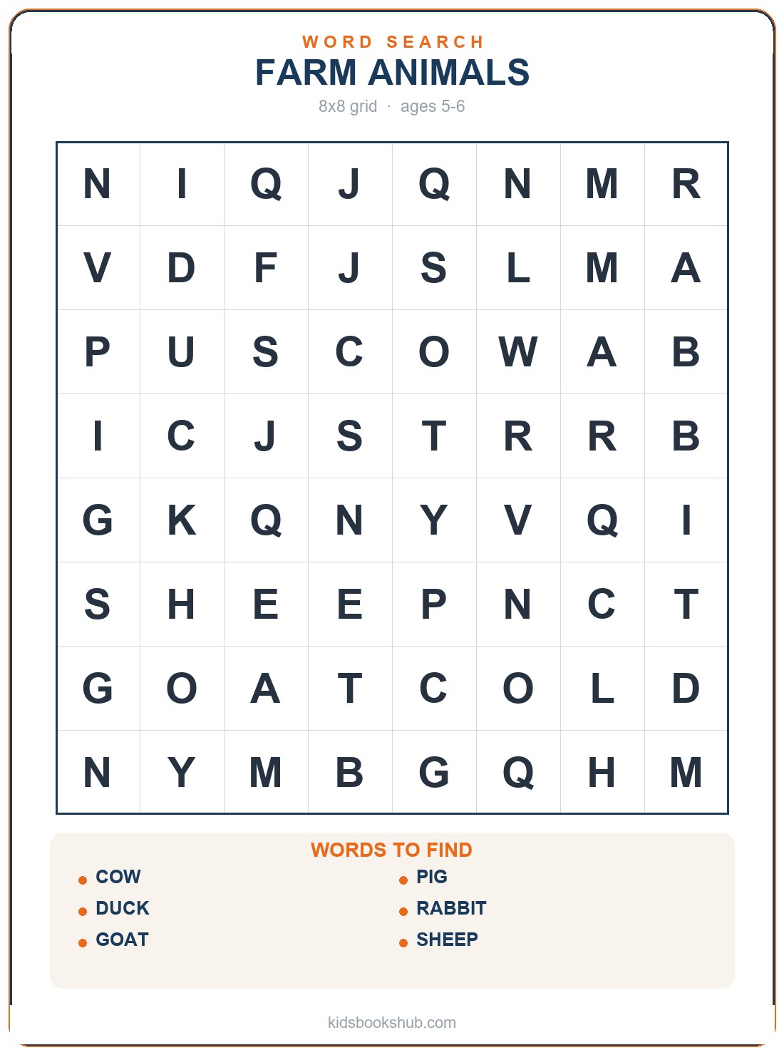 Farm-animals grid — printable animal word search