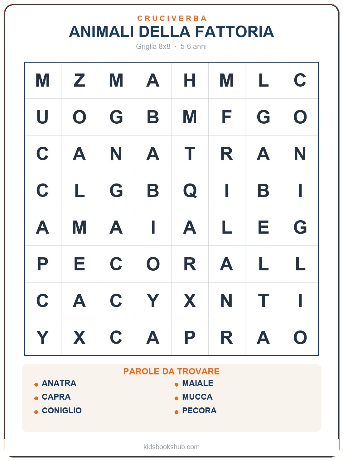 Griglia degli animali della fattoria — crucipuzzle di animali da stampare
