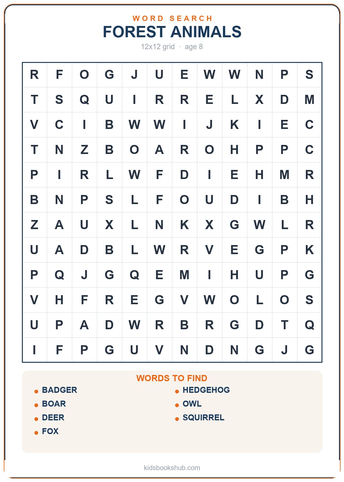 Grid with diagonals: forest animals — printable animal word search