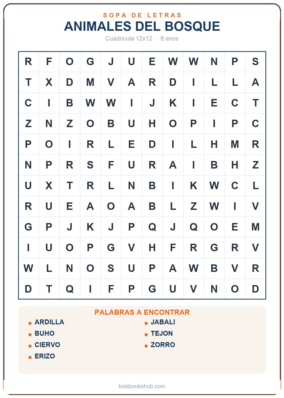 Cuadrícula con diagonales: animales del bosque — sopa de letras de animales para imprimir