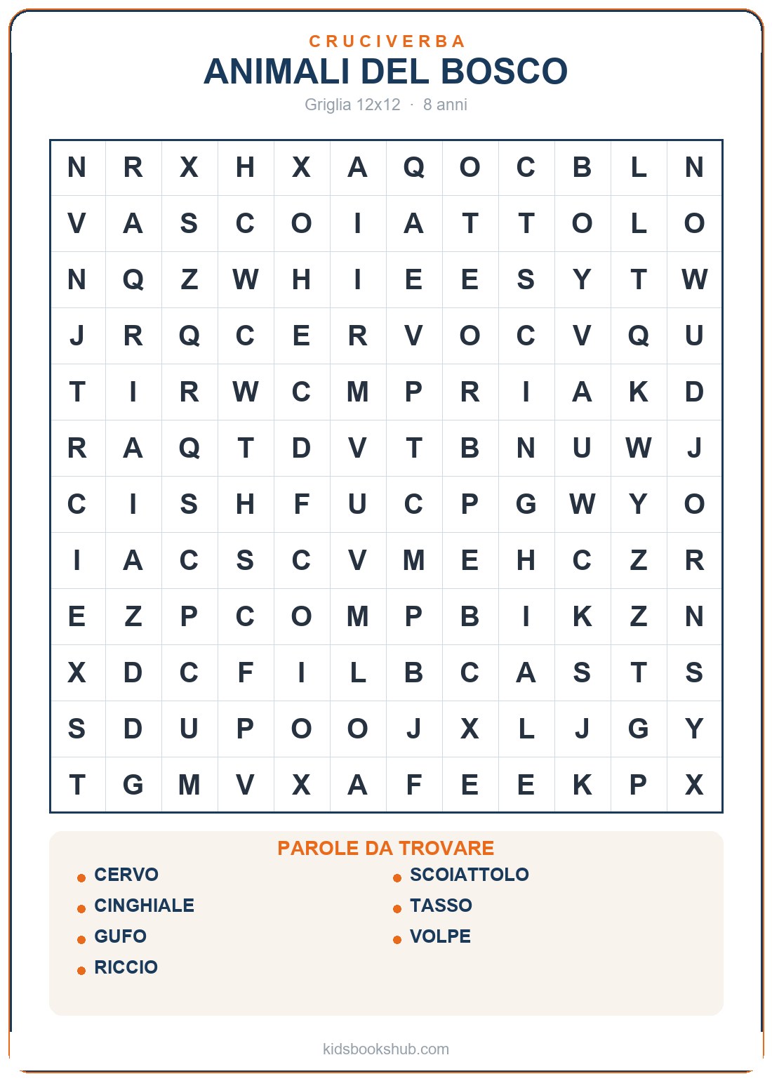 Griglia con diagonali: animali del bosco — crucipuzzle di animali da stampare