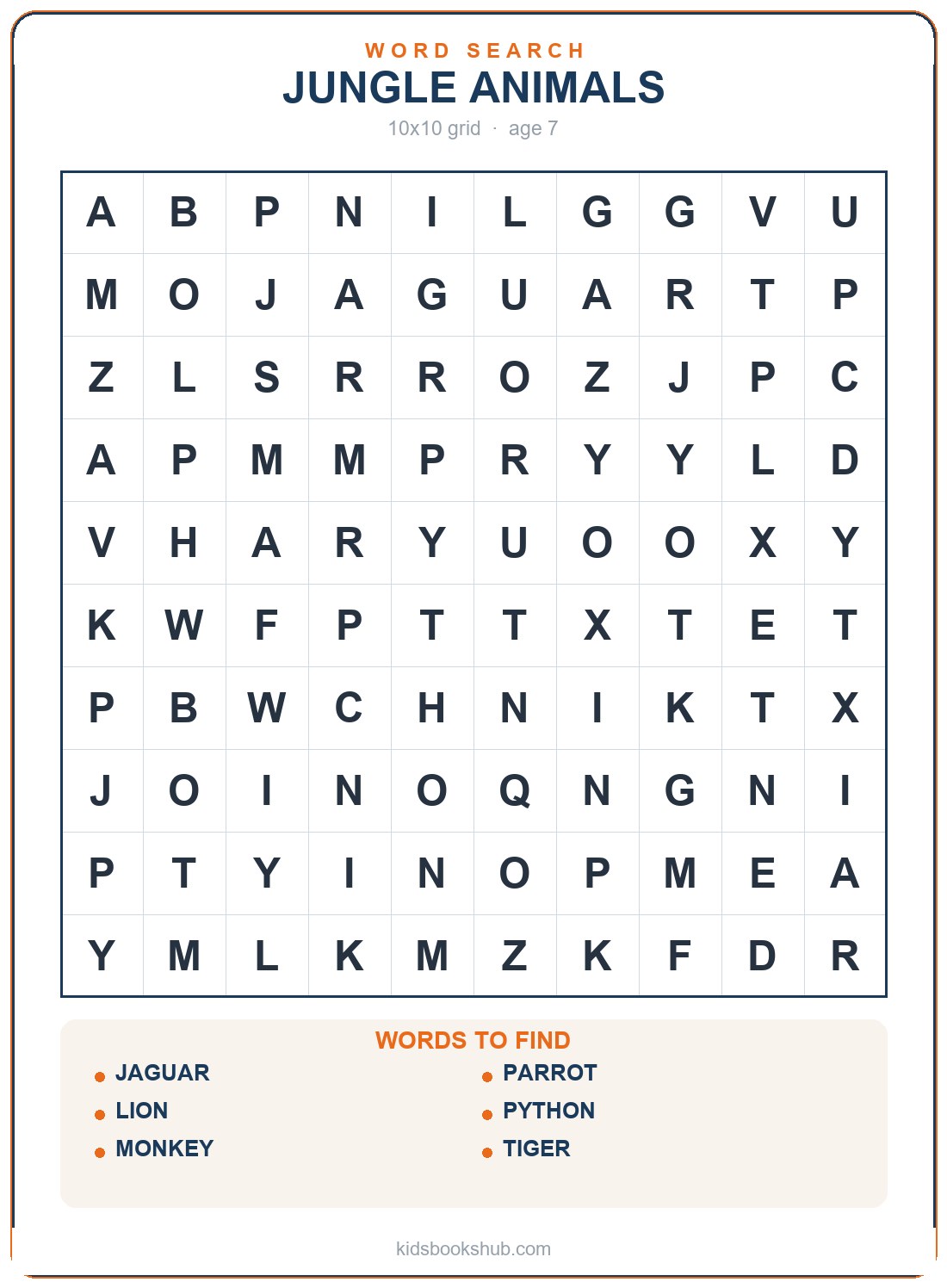 Jungle-animals grid — printable animal word search