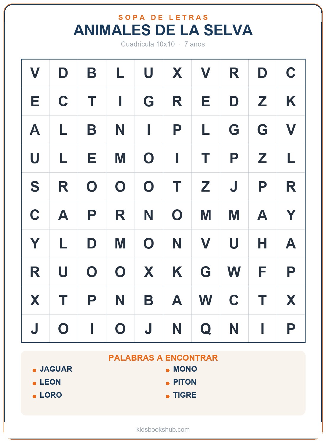 Cuadrícula de animales de la selva — sopa de letras de animales para imprimir
