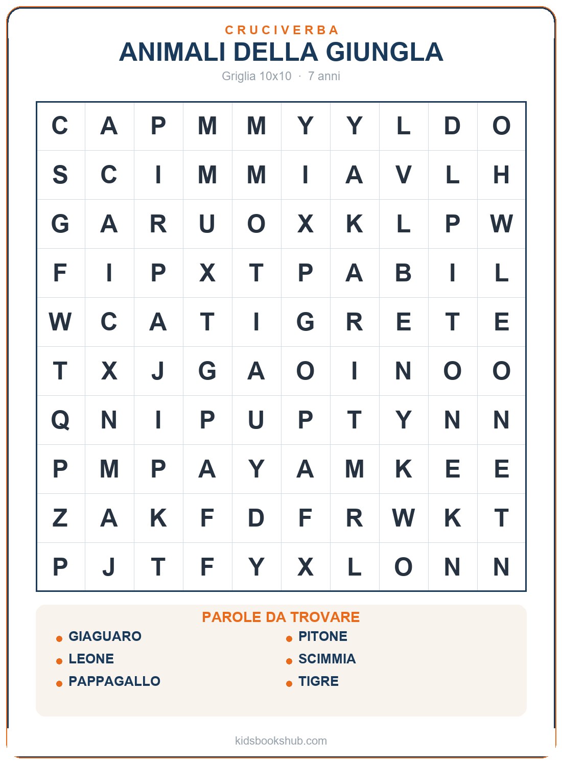 Griglia degli animali della giungla — crucipuzzle di animali da stampare
