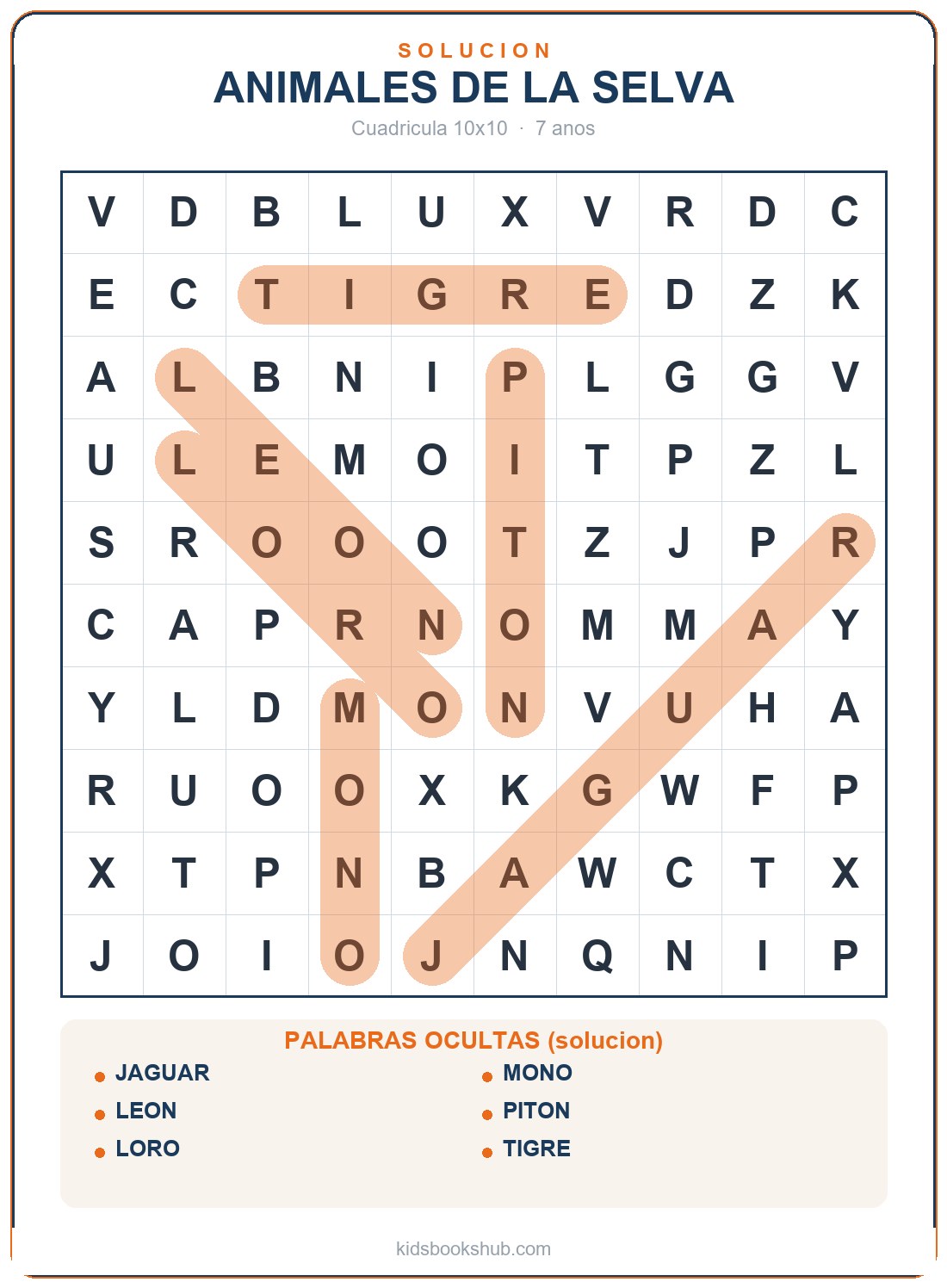 Cuadrícula de animales de la selva (solución)