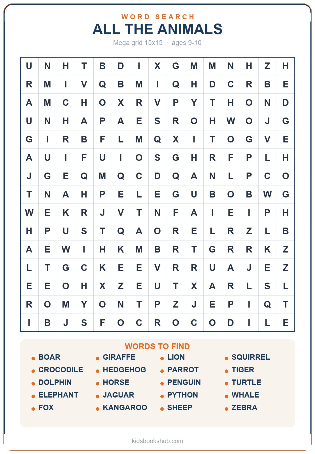 Mega 15×15 grid: all the animals — printable animal word search