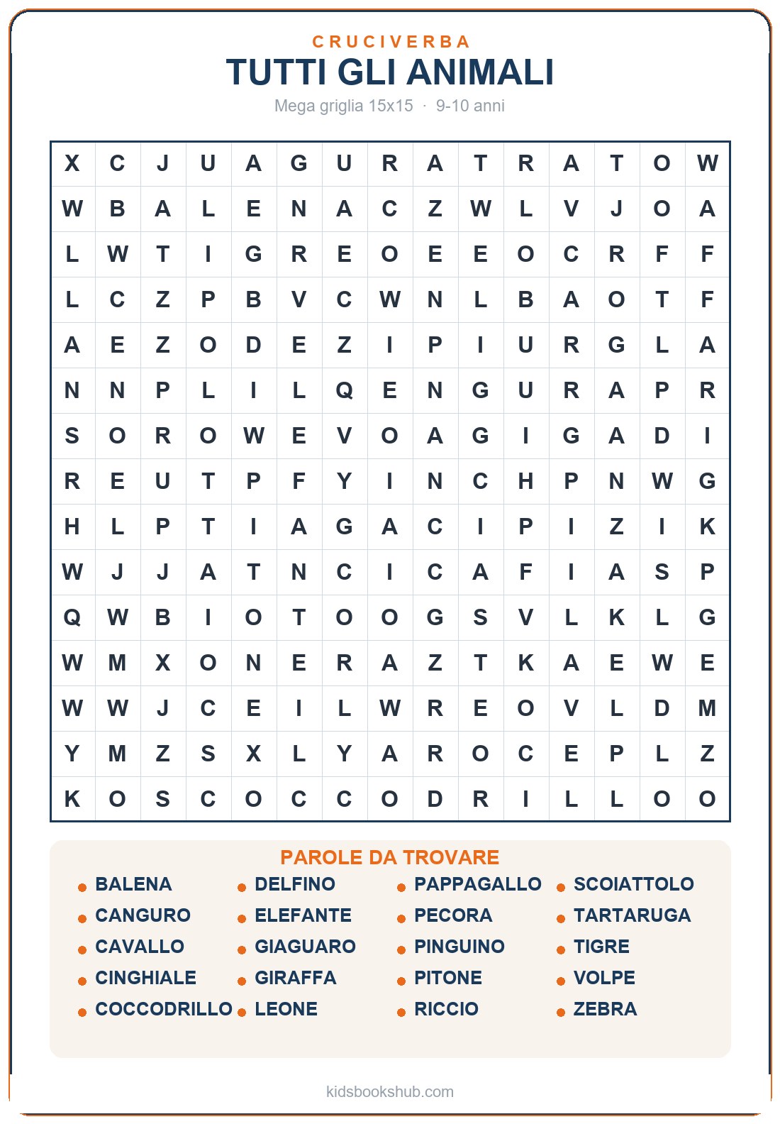 Mega griglia 15×15: tutti gli animali — crucipuzzle di animali da stampare