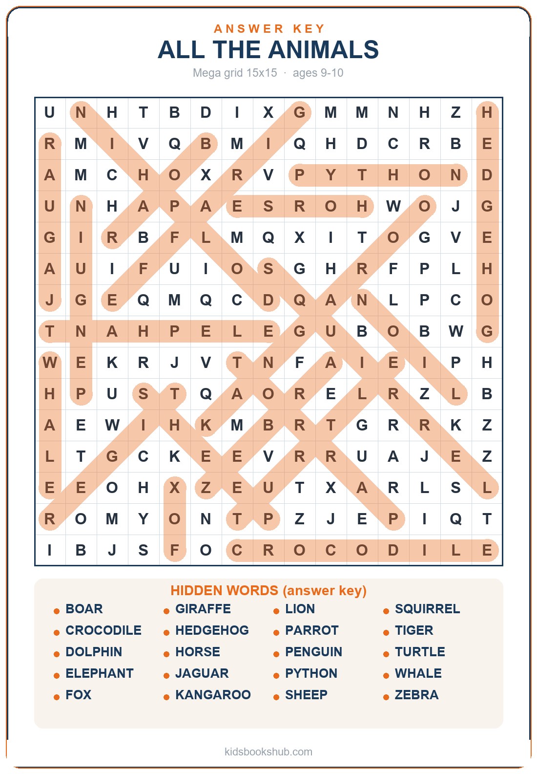 mega 15×15 grid: all the animals (answer key)