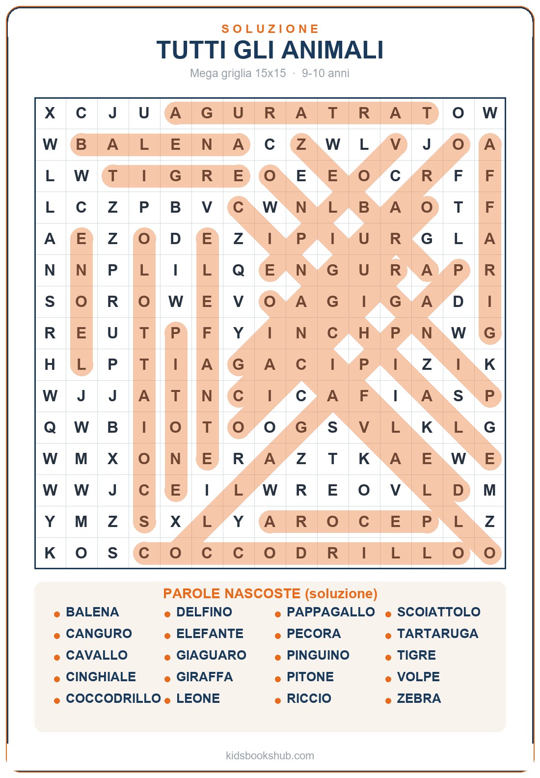 Mega griglia 15×15: tutti gli animali (soluzione)