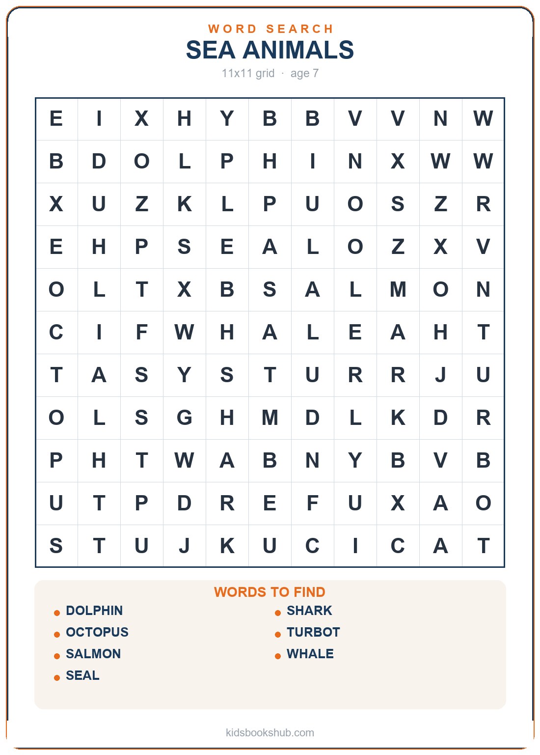 Themed grid: sea animals — printable animal word search