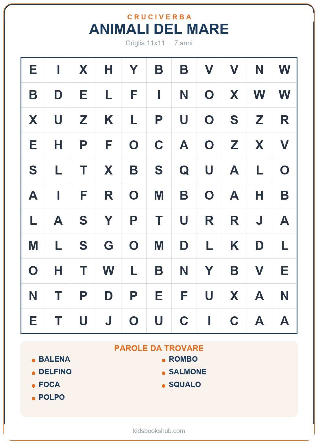 Griglia a tema: animali del mare — crucipuzzle di animali da stampare
