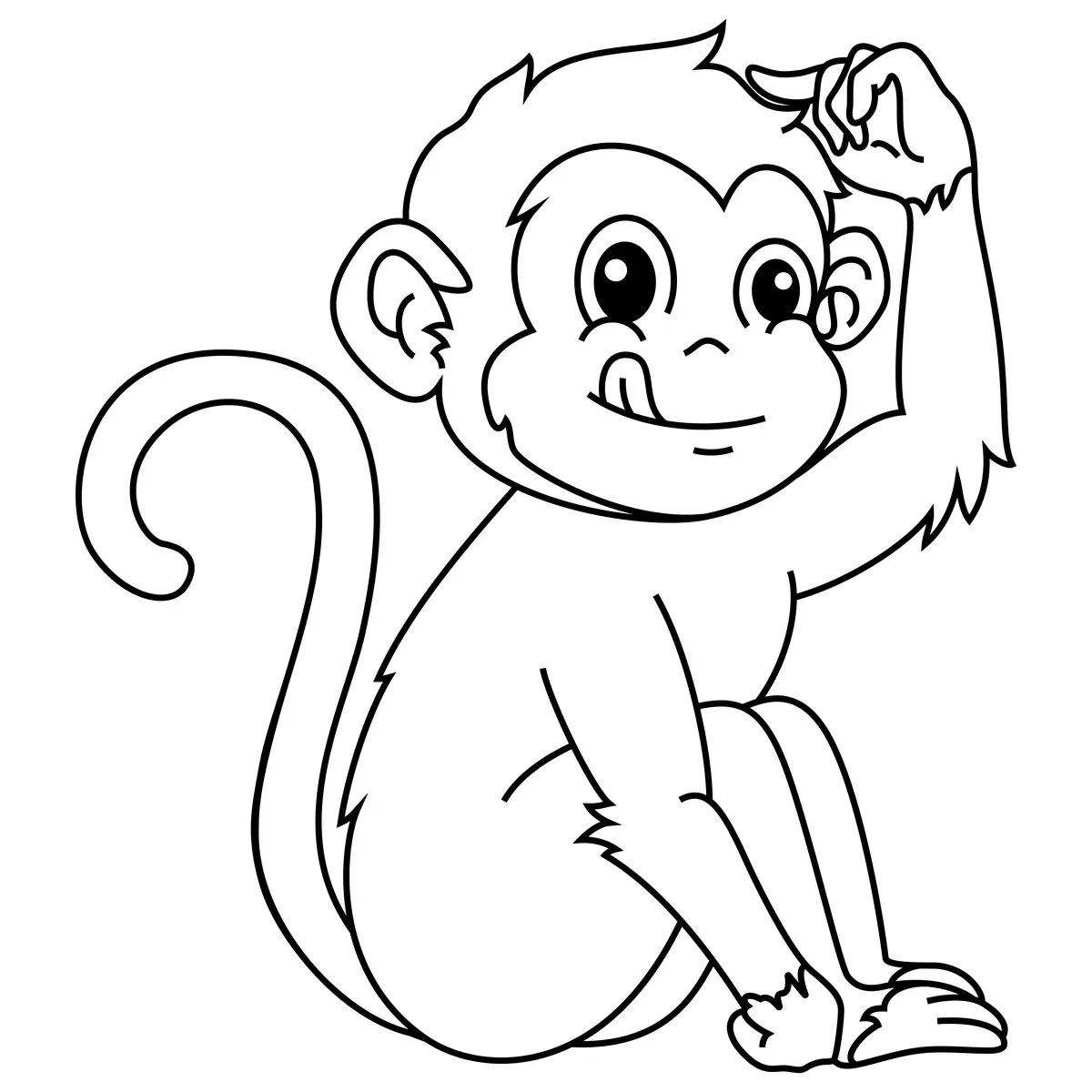 Mischievous cartoon monkey scratching its head colouring page to print