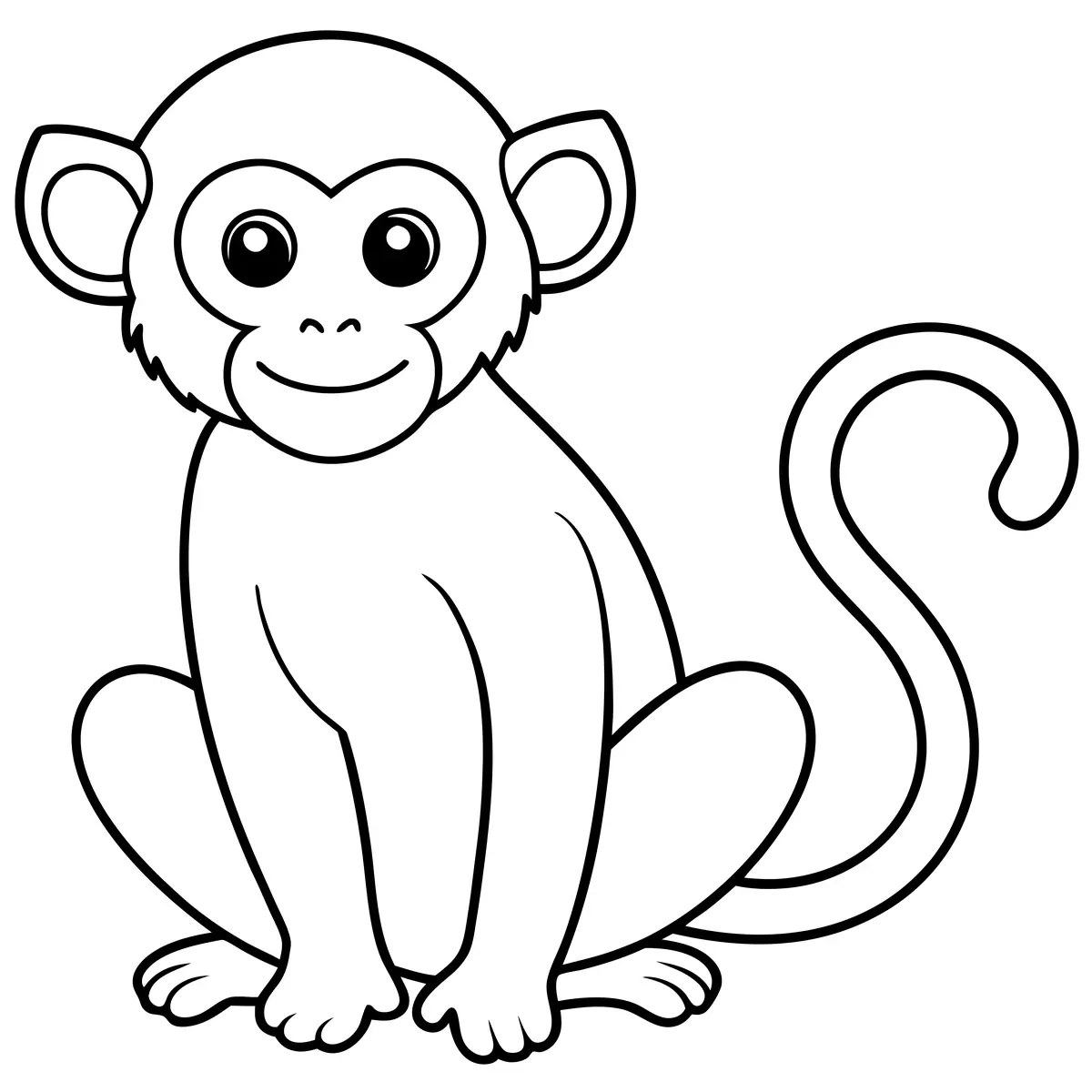 Smiling cartoon monkey sitting with a long tail colouring page to print