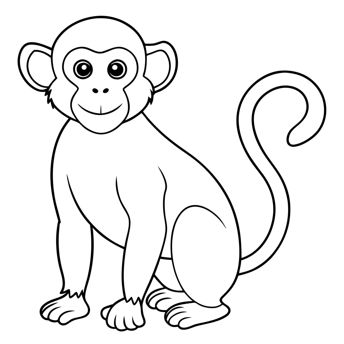 Standing cartoon monkey with a long curled tail colouring page to print