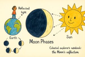 Hand-drawn diagram of the Moon's phases, with the Sun lighting the Moon seen from Earth