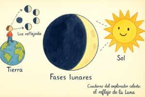 Dibujo de las fases de la Luna, con el Sol iluminando la Luna vista desde la Tierra