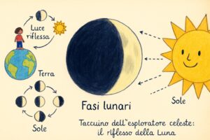 Disegno delle fasi della Luna, con il Sole che illumina la Luna vista dalla Terra