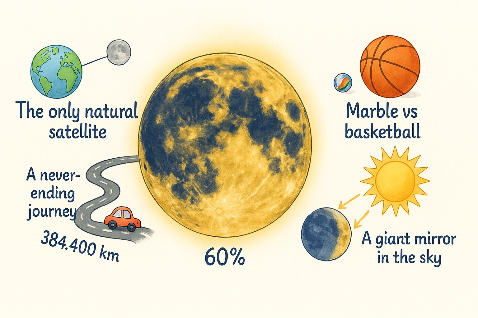Children's infographic: the Moon as Earth's only natural satellite, 384,400 km away, a giant mirror in the sky