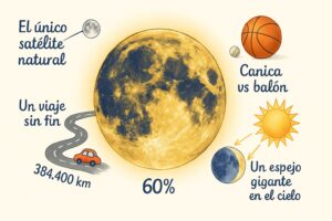 Infografía infantil: la Luna, único satélite natural de la Tierra, a 384.400 km, un espejo gigante en el cielo