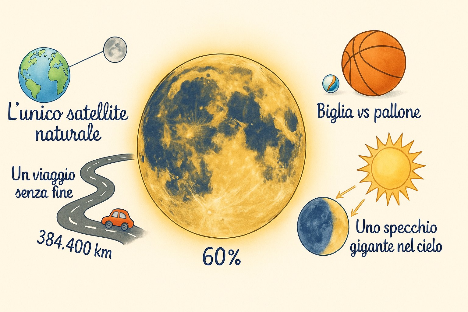 Infografica per bambini: la Luna, unico satellite naturale della Terra, a 384.400 km, uno specchio gigante nel cielo