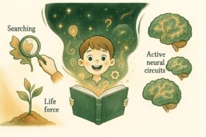 Watercolour infographic of a smiling child reading, with a magnifying glass, a sprouting plant and a glowing brain showing how curiosity drives learning, labelled in English